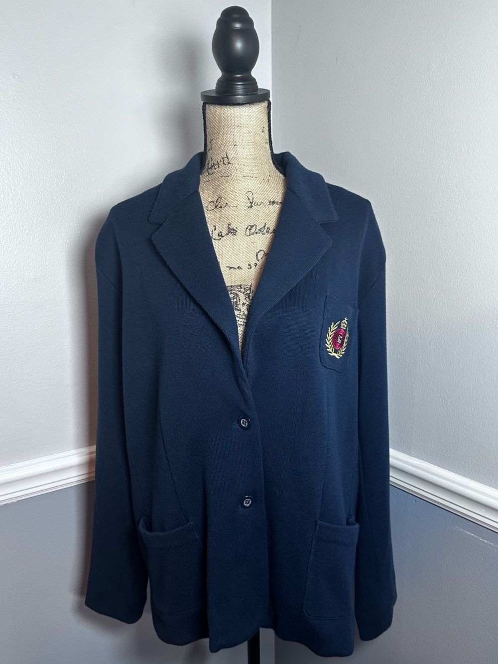Elisabeth Navy Blue Knit Crest Blazer - Plus Size 2X